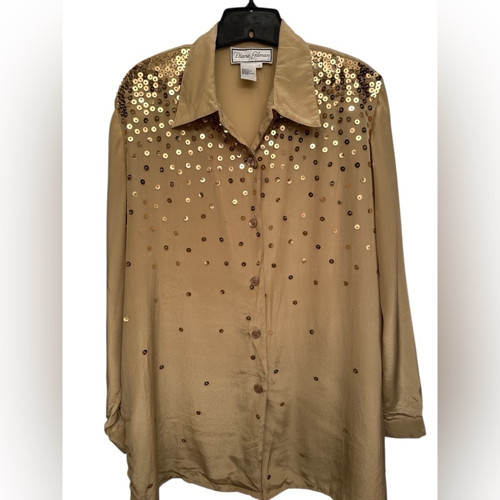 Diane Gilman Gold Sequin Silk Button-Up Shirt Vintage NWT